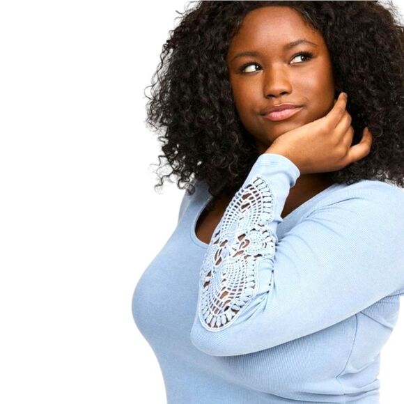 TORRID Plus Size Cotton Modal Blue Ribbed Scoop Neck Crochet Long Sleeve Top 2X - Picture 7 of 16